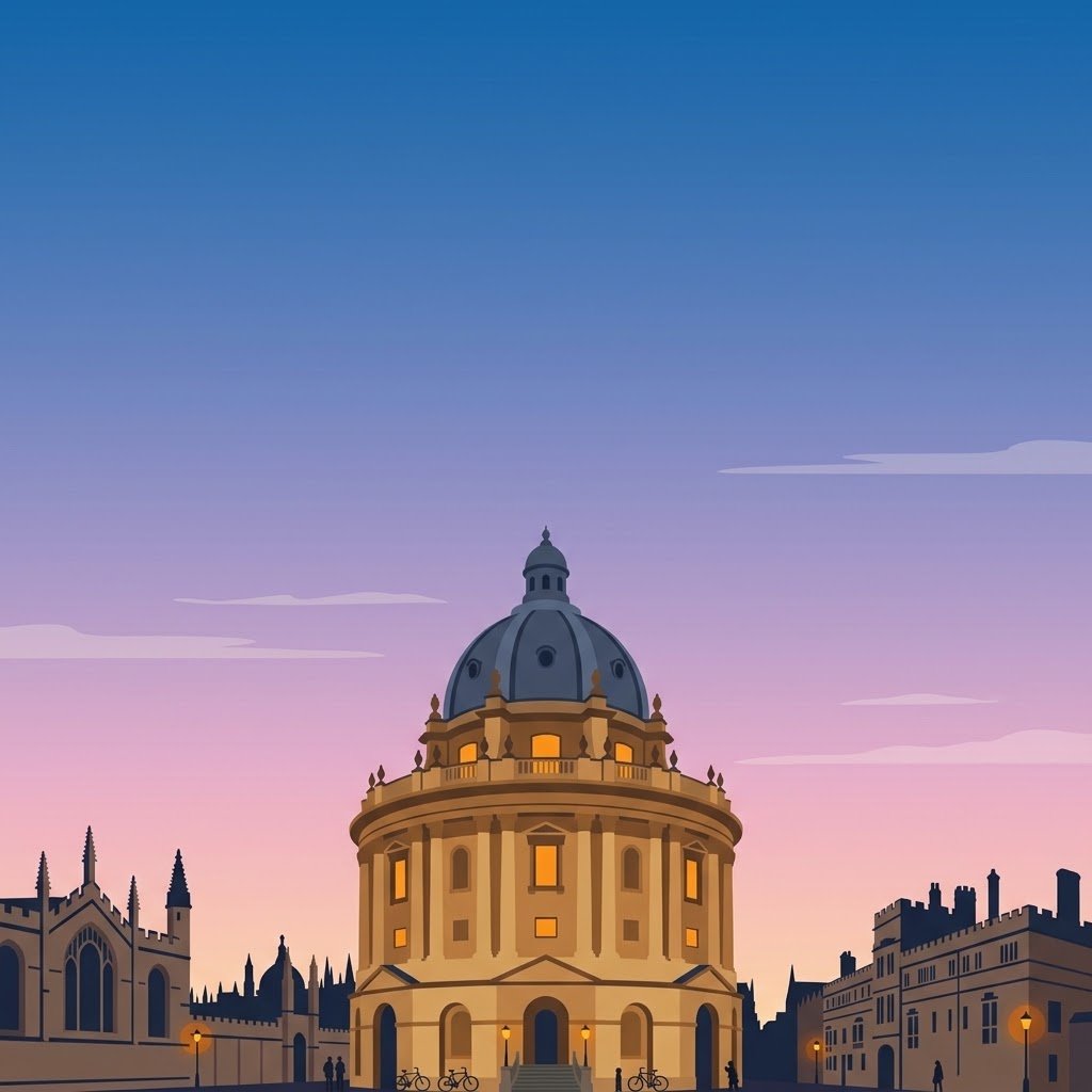 Radcliffe Camera and Oxford rooftops illustrated under an evening sky