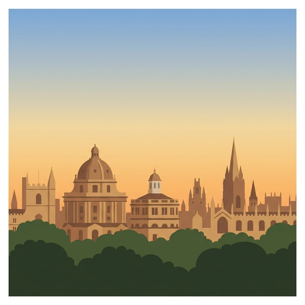 Golden Oxford skyline above green trees in an illustrated sunset scene