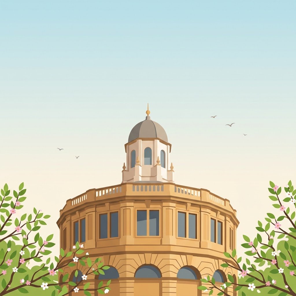 Illustrated Oxford building framed by spring blossom beneath a pale blue sky