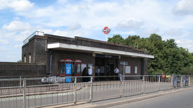 Entrance to Upney Underground Station, with the London Underground roundel above the brick station building